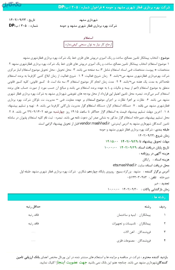 انتخاب پیمانکار تامین مصالح ساخت و رنگ آمیزی در پوش های فلزی